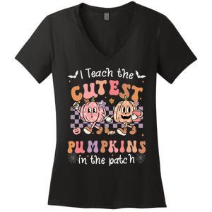 I Teach The Cutest Pumpkins In The Patch Retro Teacher Fall Women's V-Neck T-Shirt