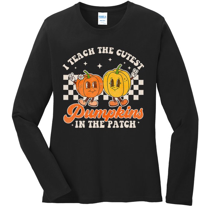 I Teach The Cutest Pumpkins In The Patch Retro Teacher Fall Ladies Long Sleeve Shirt