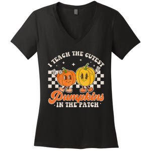 I Teach The Cutest Pumpkins In The Patch Retro Teacher Fall Women's V-Neck T-Shirt