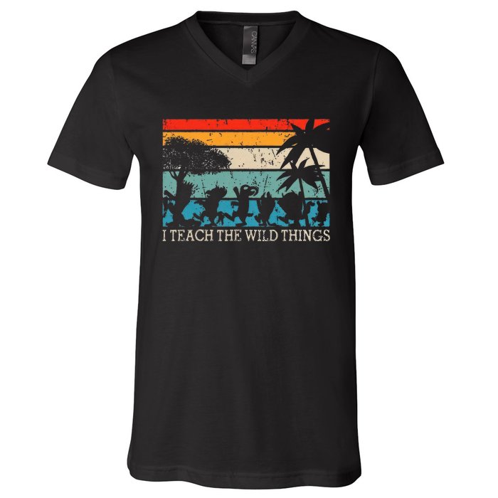 I Teach The Wild Things Vintage Retro Teacherlife V-Neck T-Shirt