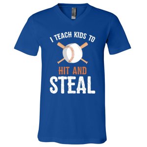 I Teach To Hit And Steal Funny Baseball Coach Dad Mom Cute Gift V-Neck T-Shirt