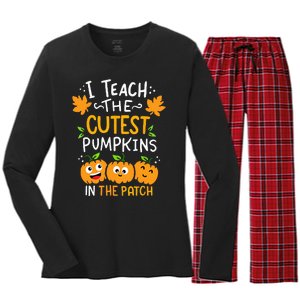 I Teach The Cutest Pumpkins In The Patch Teacher Halloween Women's Long Sleeve Flannel Pajama Set 