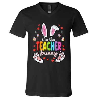 Im The Teacher Bunny Easter Egg Hunting T-Rex Spring V-Neck T-Shirt