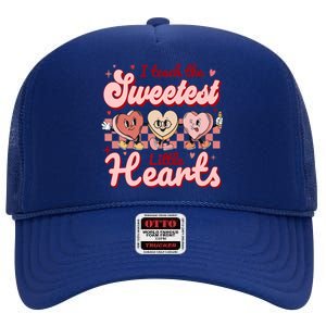 I Teach The Sweetest Hearts Retro Teacher Valentines Day High Crown Mesh Back Trucker Hat