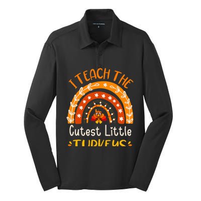 I Teach The Cutest Little Turkeys Thanksgiving Teacher Silk Touch Performance Long Sleeve Polo