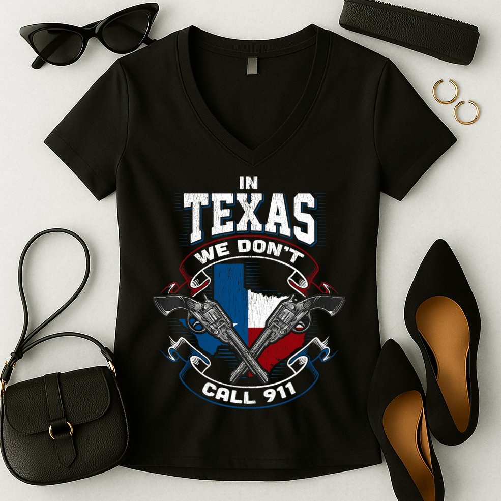 In Texas We Don't Call 911 Funny Texan Proud Gun Owner Gift Women's V-Neck T-Shirt