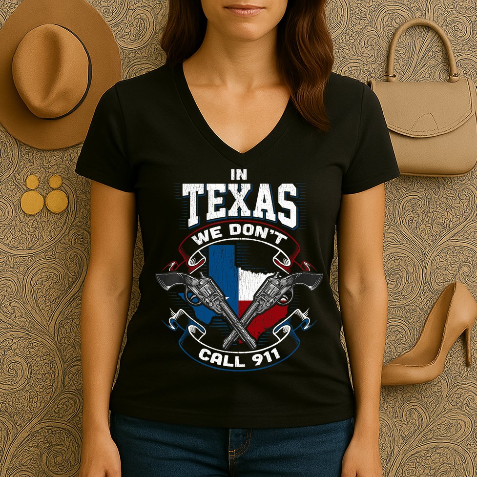 In Texas We Don't Call 911 Funny Texan Proud Gun Owner Gift Women's V-Neck T-Shirt