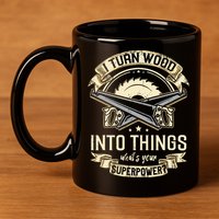 I Turn wood into things what's your superpower carpenter 11oz C Handle Ceramic Mug
