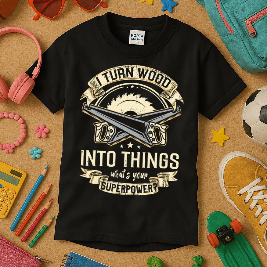 I Turn wood into things what's your superpower carpenter Kids T-Shirt