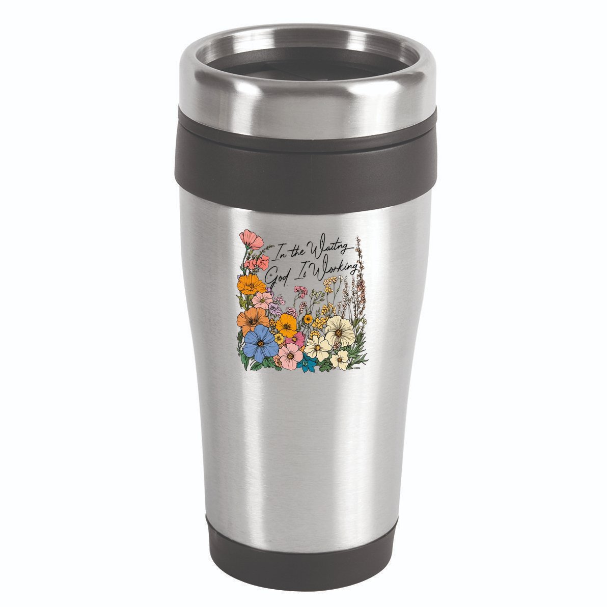 In The Waiting God Is Working Floral Wildflower Jesus 16oz Travel Tumbler