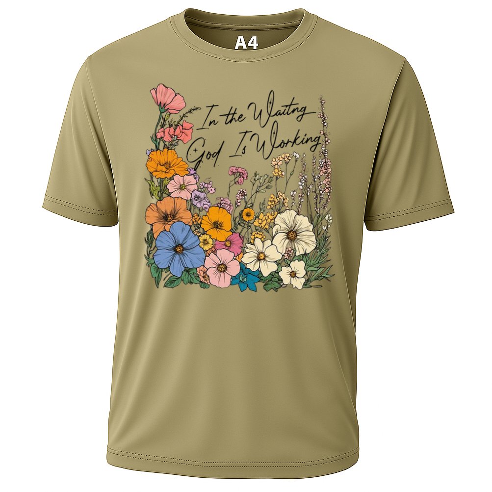 In The Waiting God Is Working Floral Wildflower Jesus Cooling Performance Crew T-Shirt