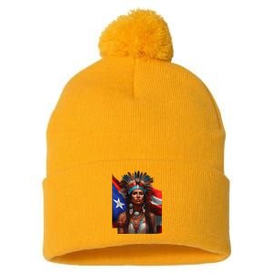 Indigenous Taino Woman Puerto Rican Flag Caribbean Pom Pom 12in Knit Beanie