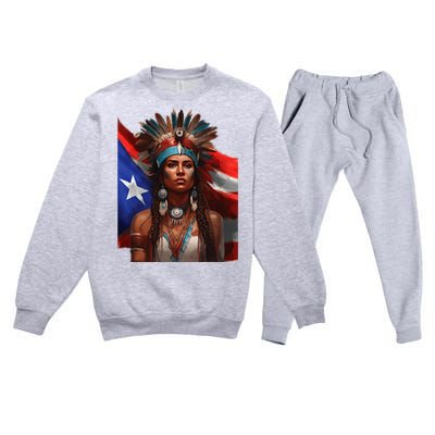 Indigenous Taino Woman Puerto Rican Flag Caribbean Premium Crewneck Sweatsuit Set