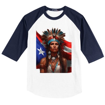 Indigenous Taino Woman Puerto Rican Flag Caribbean Baseball Sleeve Shirt