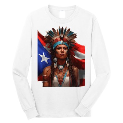 Indigenous Taino Woman Puerto Rican Flag Caribbean Long Sleeve Shirt