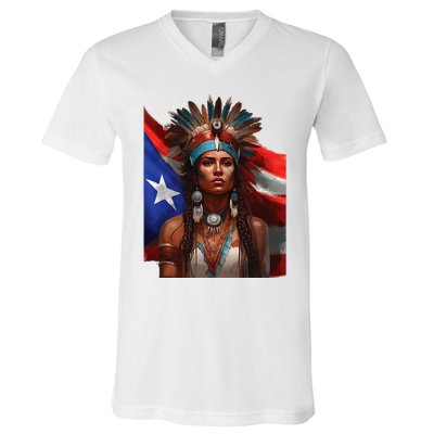 Indigenous Taino Woman Puerto Rican Flag Caribbean V-Neck T-Shirt