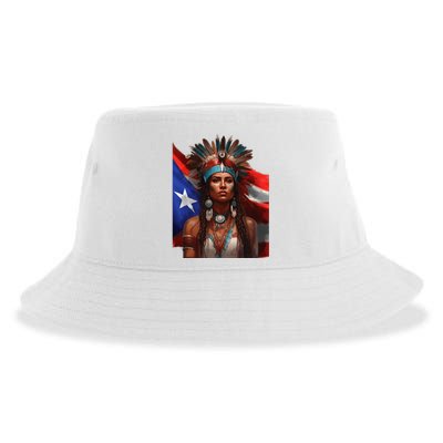 Indigenous Taino Woman Puerto Rican Flag Caribbean Sustainable Bucket Hat