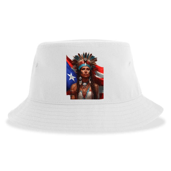 Indigenous Taino Woman Puerto Rican Flag Caribbean Sustainable Bucket Hat