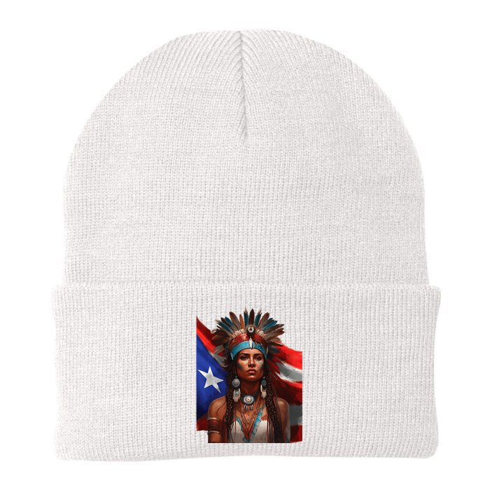 Indigenous Taino Woman Puerto Rican Flag Caribbean Knit Cap Winter Beanie