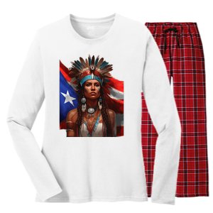 Indigenous Taino Woman Puerto Rican Flag Caribbean Women's Long Sleeve Flannel Pajama Set 