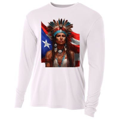 Indigenous Taino Woman Puerto Rican Flag Caribbean Cooling Performance Long Sleeve Crew