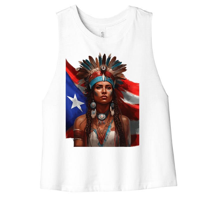 Indigenous Taino Woman Puerto Rican Flag Caribbean Women's Racerback Cropped Tank