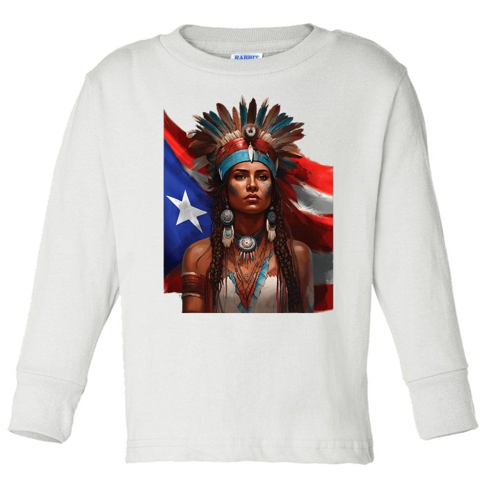 Indigenous Taino Woman Puerto Rican Flag Caribbean Toddler Long Sleeve Shirt