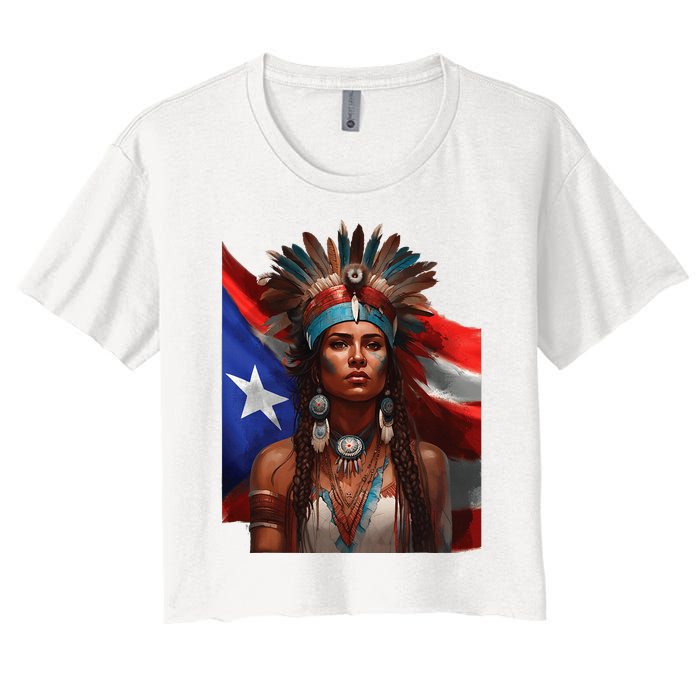 Indigenous Taino Woman Puerto Rican Flag Caribbean Women's Crop Top Tee