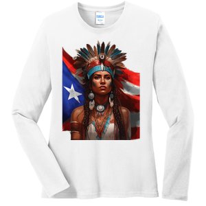 Indigenous Taino Woman Puerto Rican Flag Caribbean Ladies Long Sleeve Shirt