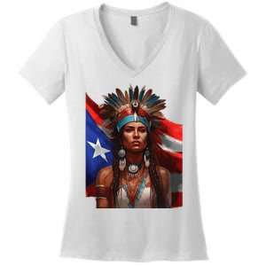 Indigenous Taino Woman Puerto Rican Flag Caribbean Women's V-Neck T-Shirt