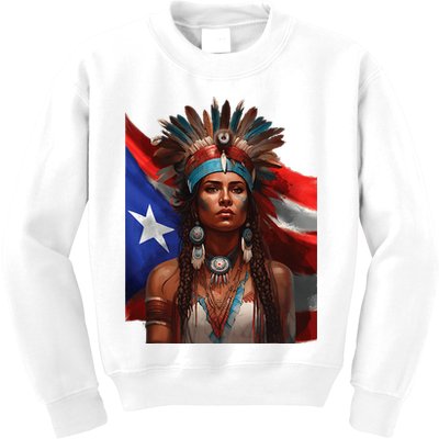 Indigenous Taino Woman Puerto Rican Flag Caribbean Kids Sweatshirt