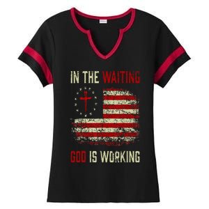 In The Waiting God Is Working Christian Saying USA Flag Ladies Halftime Notch Neck Tee