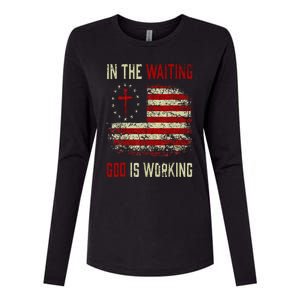 In The Waiting God Is Working Christian Saying USA Flag Womens Cotton Relaxed Long Sleeve T-Shirt