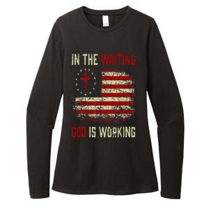 In The Waiting God Is Working Christian Saying USA Flag Womens CVC Long Sleeve Shirt