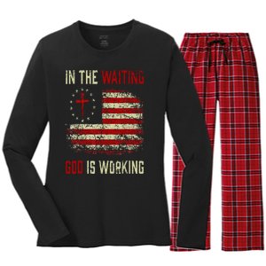 In The Waiting God Is Working Christian Saying USA Flag Women's Long Sleeve Flannel Pajama Set 