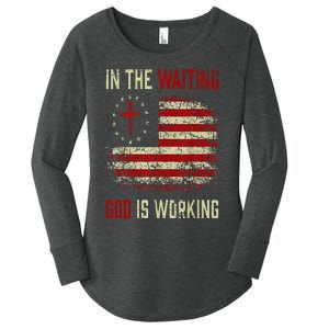 In The Waiting God Is Working Christian Saying USA Flag Women's Perfect Tri Tunic Long Sleeve Shirt