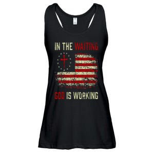 In The Waiting God Is Working Christian Saying USA Flag Ladies Essential Flowy Tank