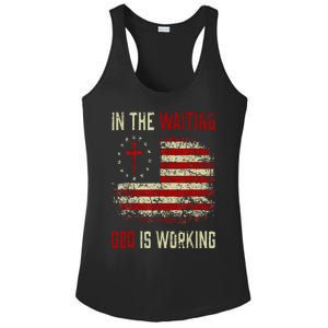 In The Waiting God Is Working Christian Saying USA Flag Ladies PosiCharge Competitor Racerback Tank