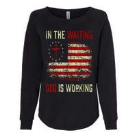 In The Waiting God Is Working Christian Saying USA Flag Womens California Wash Sweatshirt