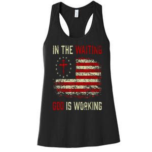 In The Waiting God Is Working Christian Saying USA Flag Women's Racerback Tank