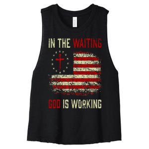 In The Waiting God Is Working Christian Saying USA Flag Women's Racerback Cropped Tank