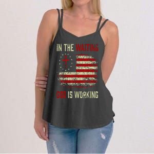 In The Waiting God Is Working Christian Saying USA Flag Women's Strappy Tank