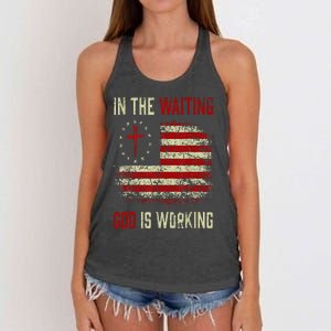 In The Waiting God Is Working Christian Saying USA Flag Women's Knotted Racerback Tank