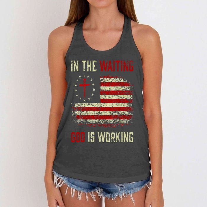 In The Waiting God Is Working Christian Saying USA Flag Women's Knotted Racerback Tank