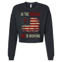 In The Waiting God Is Working Christian Saying USA Flag Cropped Pullover Crew