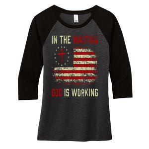 In The Waiting God Is Working Christian Saying USA Flag Women's Tri-Blend 3/4-Sleeve Raglan Shirt