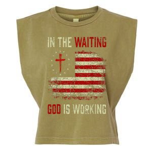 In The Waiting God Is Working Christian Saying USA Flag Garment-Dyed Women's Muscle Tee