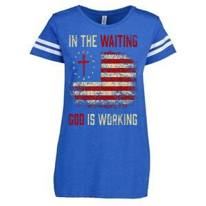 In The Waiting God Is Working Christian Saying USA Flag Enza Ladies Jersey Football T-Shirt