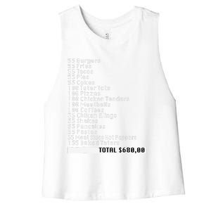 I Think You Should Leave 55 Burgers 55 Fries Funny Receipt Women's Racerback Cropped Tank