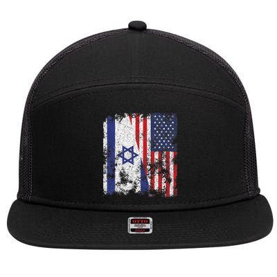Israel USA Flag Distressed Half American 7 Panel Mesh Trucker Snapback Hat